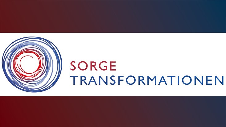 Logo Sorgentransformation: blau-rot verlaufende Spirale links, Text "Sorge" in roter und "Transformation" in blauem Schriftzug rechts neben Spirale