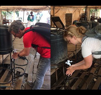 Prof. Geiger and Lisa Harborth at a border screening point in Mpwonde, Uganda