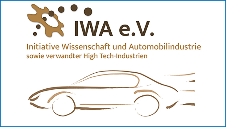 Schriftzug der Initiative für Wissenschaft und Automobilindustrie in verschiedenen Brauntönen, darunter die Skizze eines Autos