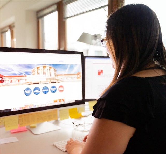 Weibliche Person mit dem Rücken zur Camera sitzt vor Computer