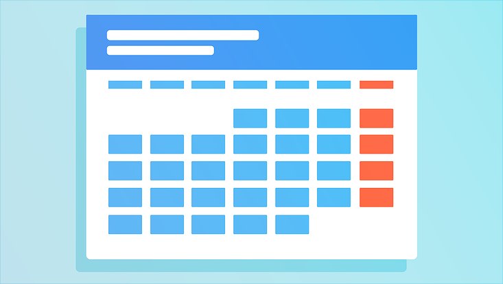 Digitaler Kalender mit blauen und orangenen Kästen