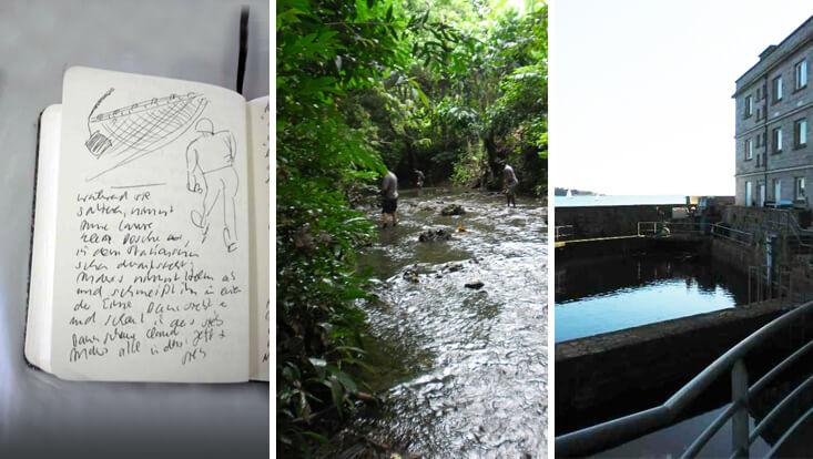Fotocollage mit Notizen, Bach und See