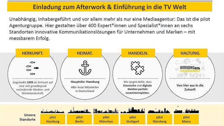 Einladung zum Afterwork & Einführung in die TV Welt. Unabhängig, inhabergeführt und vor allem mehr als nur eine Mediaagentur: Das ist die pilot Agenturgruppe.