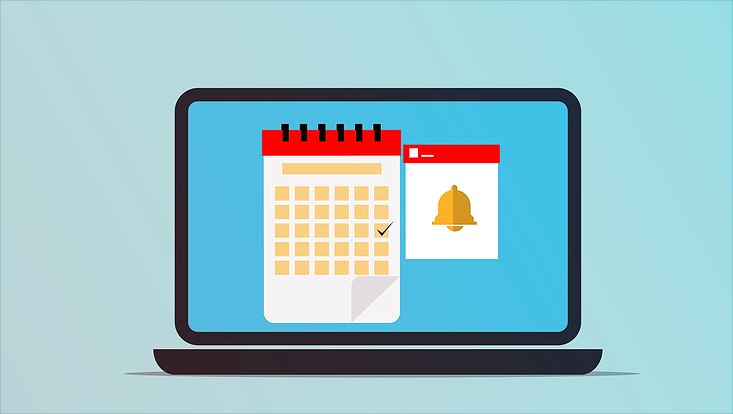 Grafik mit Laptop und Kalender auf dem Bildschirm