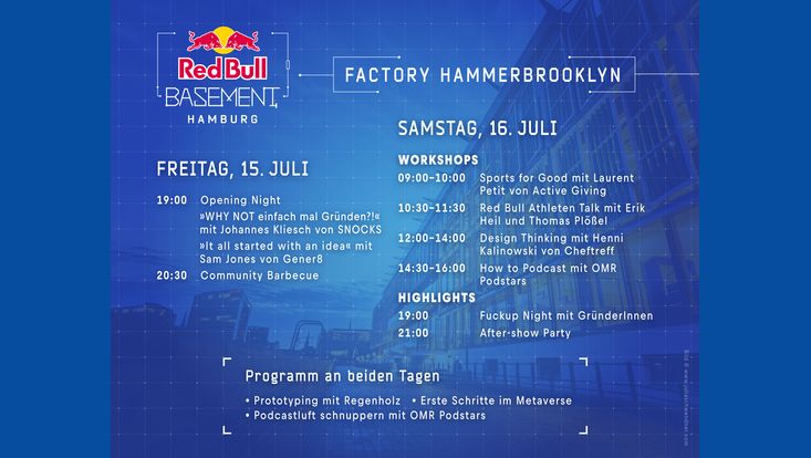 RedBull Basement Logo. Veranstaltung in der Factory Hammerbrooklyn. Programm vom 15.Juli (Freitag) bis 16.Juli (Samstag)