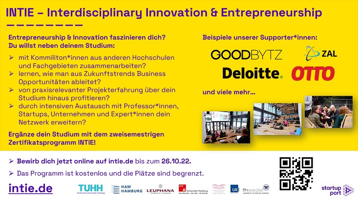 Entrepreneurship & Innovation faszinieren dich? Ergänze dein Studium mit dem zweisemestrigen Zertifikatsprogramm INTIE! Beispiele unserer Supporter:innen: GOODBYTZ und Deloitte.