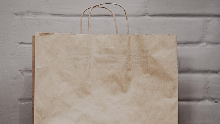 Brown bag in front of a white wall