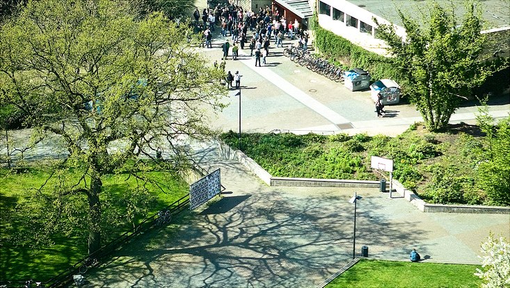 Bild vom Campus mit Personen, Fahrrädern und Grün