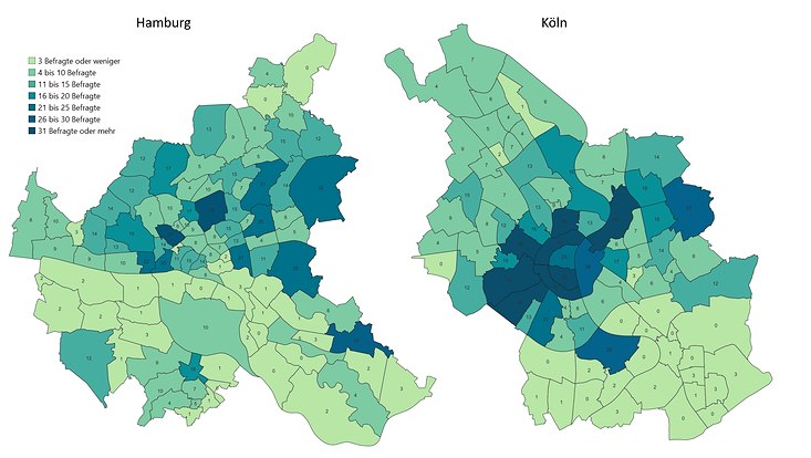 Befragtenanzahl in Hamburg und Köln nach Stadtteil, farbliche Kartenansicht