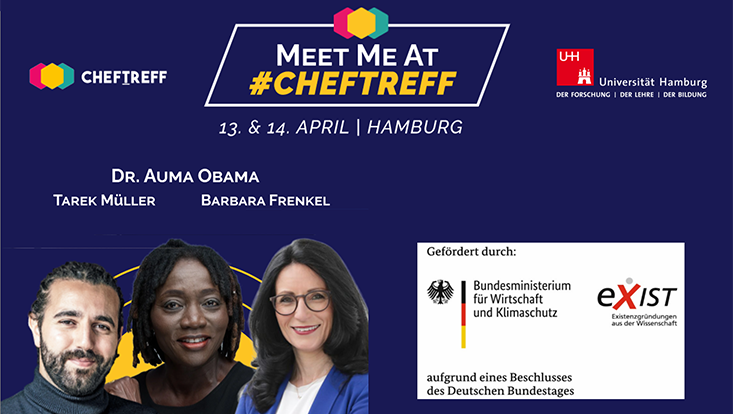 Plakat für die Ankündigung des Cheftreff-Gipfels mit Logos, Termnen und den Portraits von Dr. Auma Obama, Tarek Müller und Barbara Frenkel