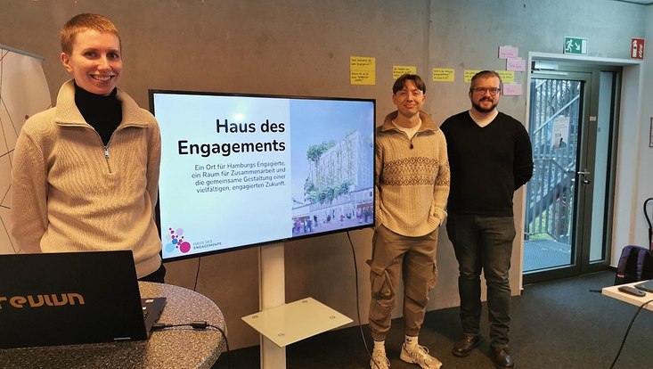 Maike Bohlen (BürgerStiftung), Nils Geib (UHH) und Florian Grimme (UHH).