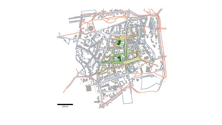 Eine Karte der Fahrrad-, Fuß- und Autowege der Innenstadt Lüneburgs
