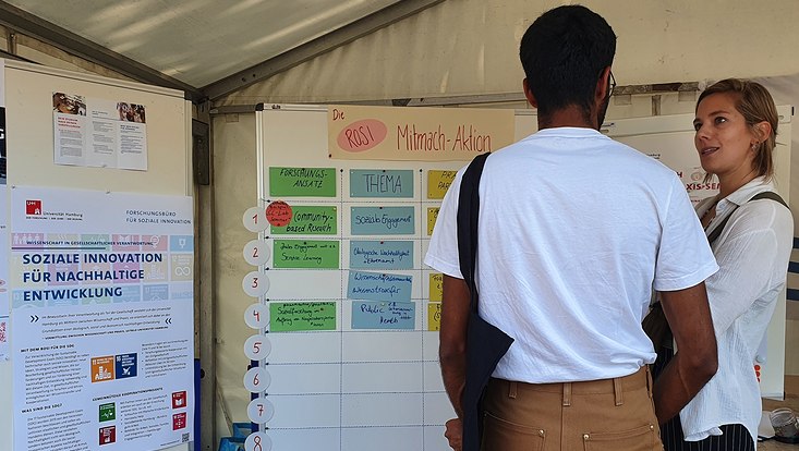 Der ROSI STand auf dem Campusfest, zwei Menschen unterhalten sich, auf die Plakate blickend