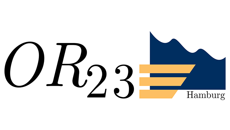 Logo der OR-Tagung 2023 in Hamburg, bestehend aus den Buchstaben OR, der Zahl 23 sowie einer schemenhaften Darstellung eines Schiffs (drei gelbe dicke Linien) vor der schemenfaten Darstellung der Elbphilharmonie (blau)