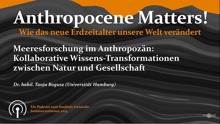 ein grau-orangener Hintergrund vor dem steht: Anthropocene Matters! Wie das neue Erdzeitalter unsere Welt verändert - Meeresforschung im Anthropozän: Kollaborative Wissens-Transformationen zwischen Natur und Gesellschaft