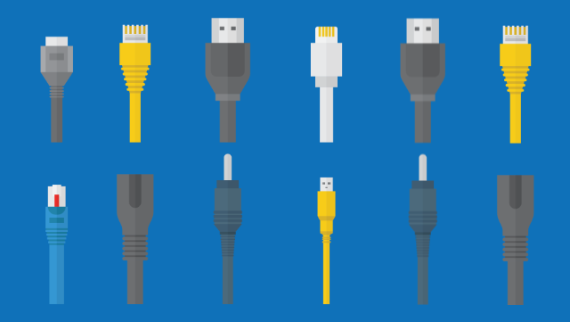 Vereinfacht dargestellte verschiedenfarbige Kabel vor blauem Hintergrund./Simplified illustration of different colored cables against a blue background.