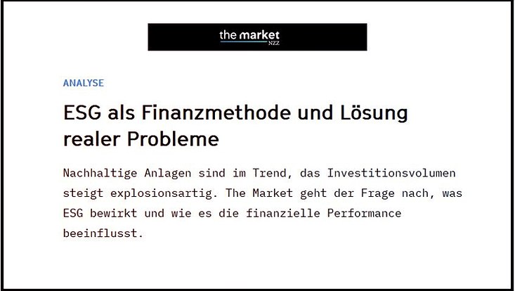 Screenshot des Artikelanfangs: ESG als Finanzmethode und Lösung realer Probleme