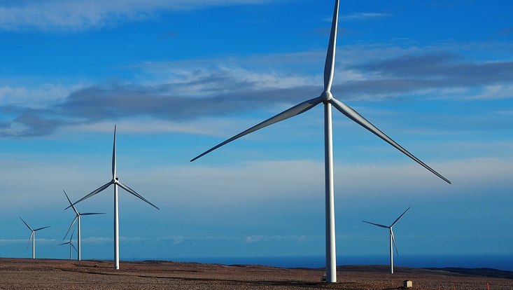 Windräder in karger Landschaft vor blauem Himmel