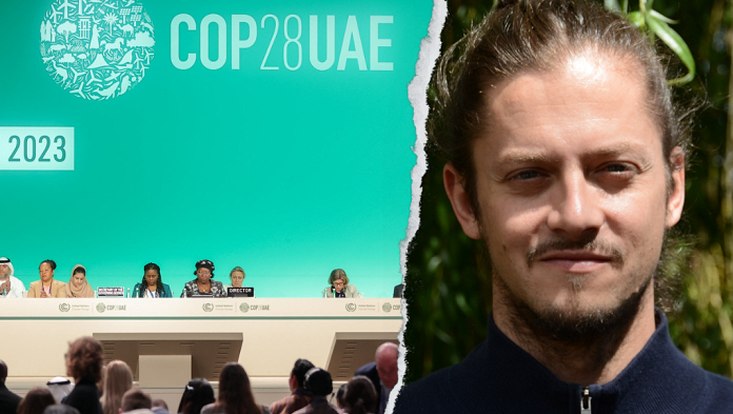 Linke Seite Foto von einer Sitzung der COP28, rechts ein Porträt von Stefan Aykut