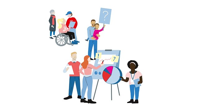 Illustration von Menschen im Forschungsprozess mit der Gesellschaft