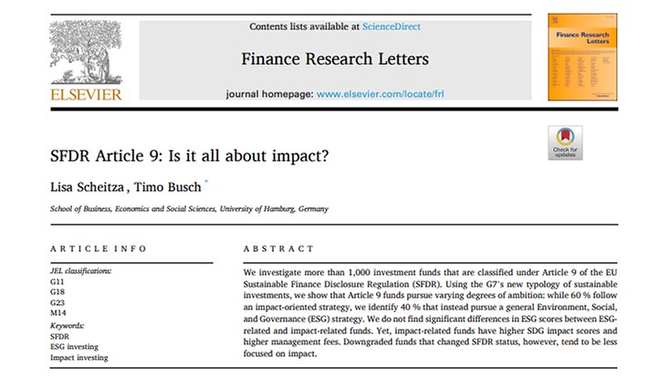 Screenshot des Titels des Finance Research Letters Papers zu Artikel 9 Fonds von Lisa Scheitza und Prof. Dr. Busch
