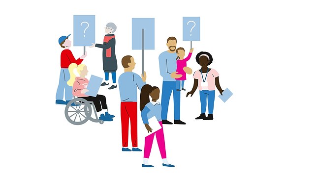 231019-rosi-keyvisual-plakat-1fragen-640x361 Illustration, verschiedene diverse Menschen forschen gemeinsam für Soziale Innovation