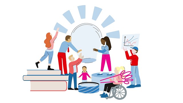 231019-rosi-keyvisual-plakat-3gluehbirne-640x361 Illustration, verschiedene diverse Menschen forschen gemeinsam für Soziale Innovation