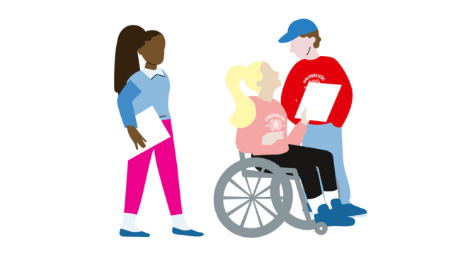 studierende illustration dreier studierender, eine person davon im rollstuhl
