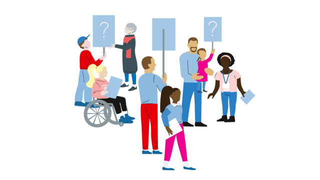kooperationspartner illustration verschiedener menschen mit protestschildern und fragezeichen
