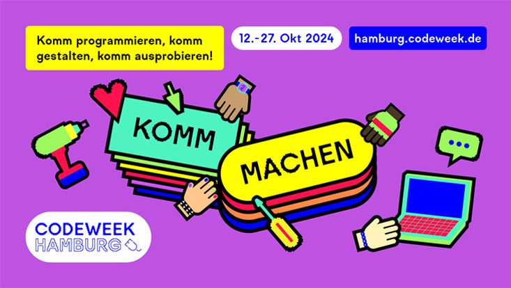 Titelgrafik der Code Week Hamburg 2024 mit dem Slogan Komm Machen