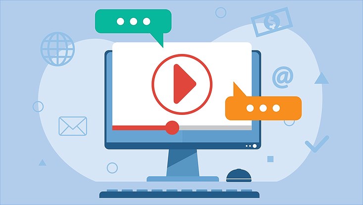 Animierter Computerbildschirm mit Sprechblasen