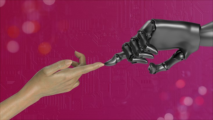 Menschliche Hand und Roboterhand nähern sich einander an