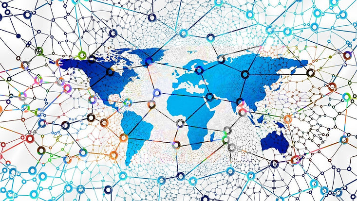 World map with places connected by lines