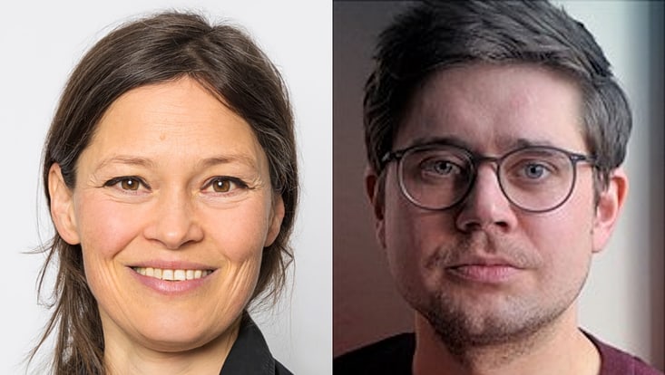 zwei Personenfotos in Profilansicht, links Frau Pohlmann, rechts Hr. Schwiertz, rechts Herr Müller