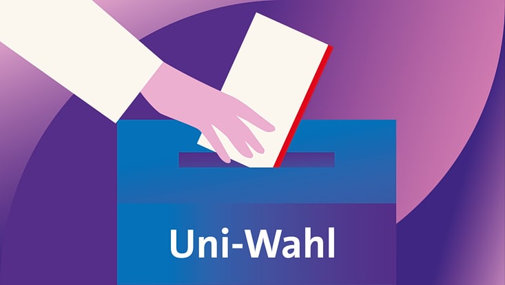 Graphik mit einer Hand, die einen Umschlag in ein Wahlbehältnis mit der Aufschrift "Uni-Wahl" einwirft