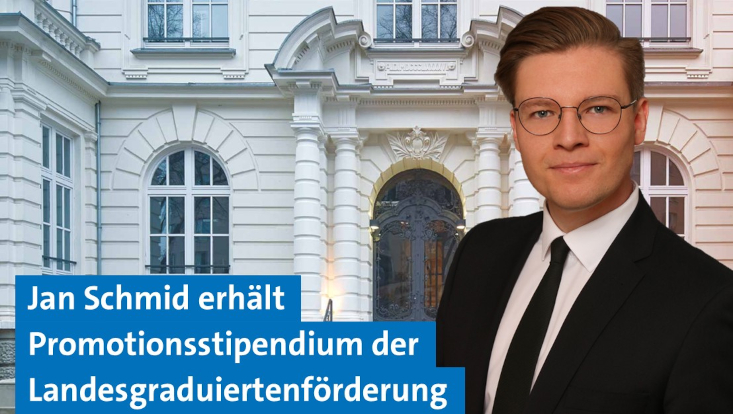 Junger Mann als Collage vor historischem Gebäude