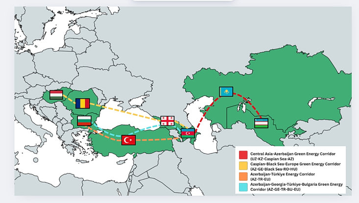 Karte: Important projects uniting the regions, illustrated by Abbasov Tural