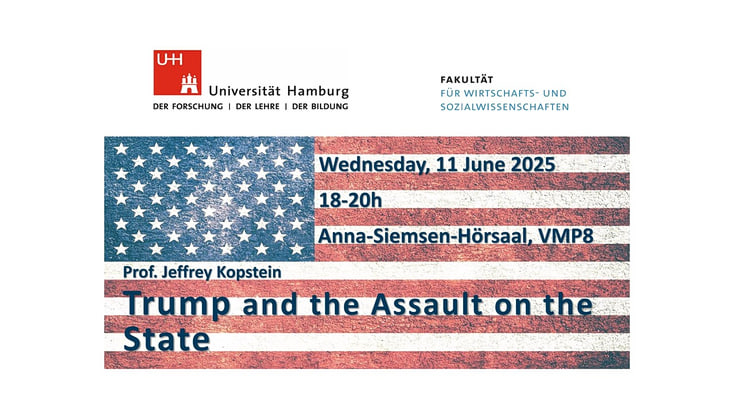 Ausschnitt aus der Vortragsankündigung, Text mit Vortragstitel und VOrtragendem auf US-Flagge