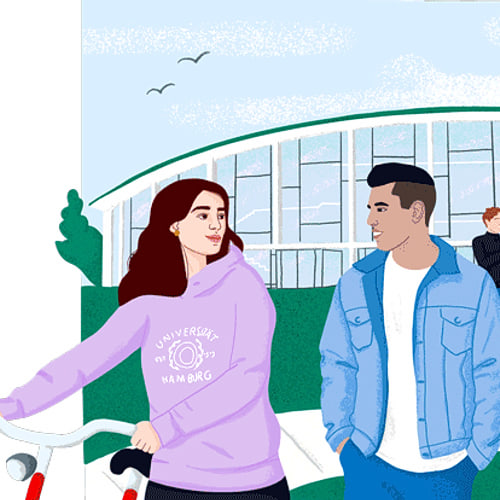 Illustration Studentin und Student auf Campus
