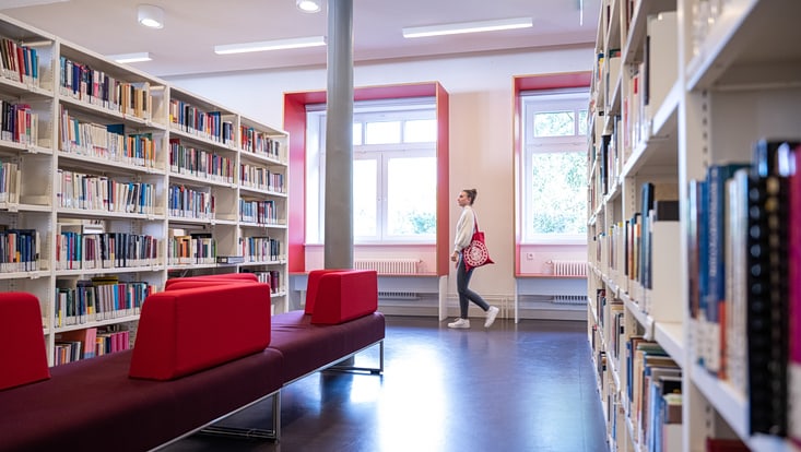 Regale mit Büchern linkt und rechts.