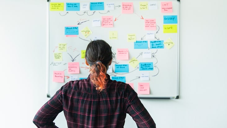 Eine Person steht vor einer Wand mit Post-it Zetteln
