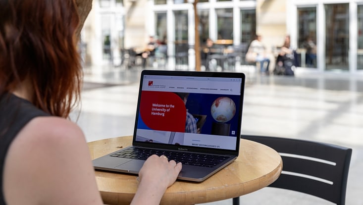 Weibliche Person sitzt vor dem Laptop