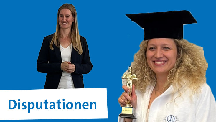 Collage mit zwei Frauen vor blauem Hintergrund, die eine davon mit Doktorhut