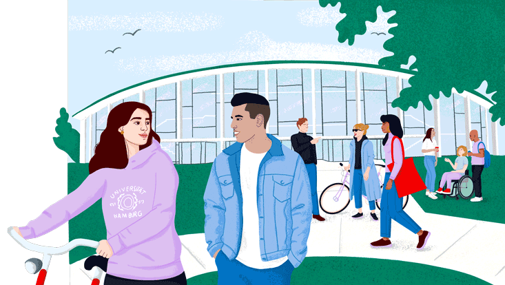 Illustration mit Studierenden vor dem Uni Hauptgebäude