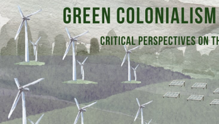 Gemälde einer Landschaft mit Windrädern und der Überschrift "Green Colonialism"