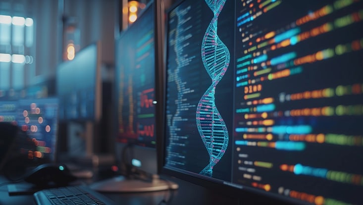 Detailed view of a computer interface used by geneticists showing a complex genome mapping software with colorful DNA strands