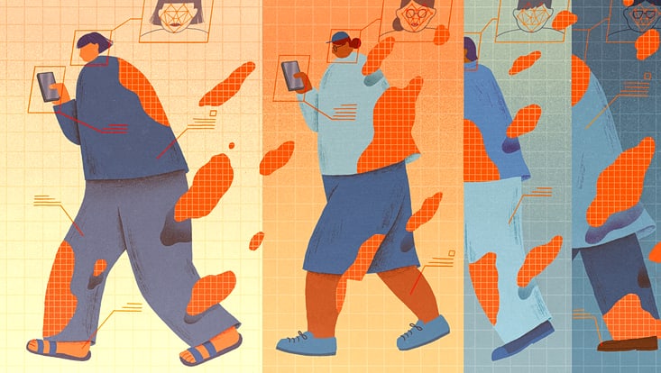 Illustration: Stylized depiction of people looking at a phone while walking. Symbols representing photographs and writing indicate the walkers' personal data, like a portrait picture, phone activity, location, etc.
