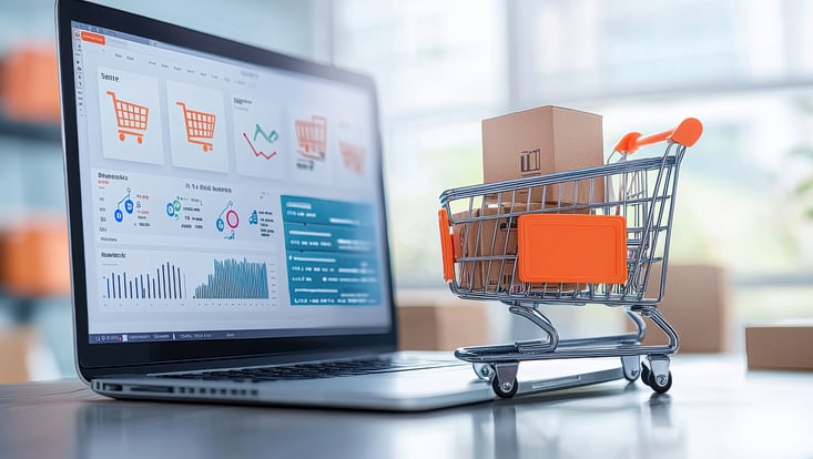 Laptop und kleines Modell eines Einkaufswagens