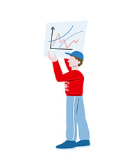 Grafik, die eine fiktive Person zeigt. Die weiße Person trägt einen roten Pullover, hellblaue Jeans, dunkelblaue Schuhe und Cap. Die dargestellte Person sieht man seitlich. In ihren Händen hält sie ein Plakat mit Diagramm.