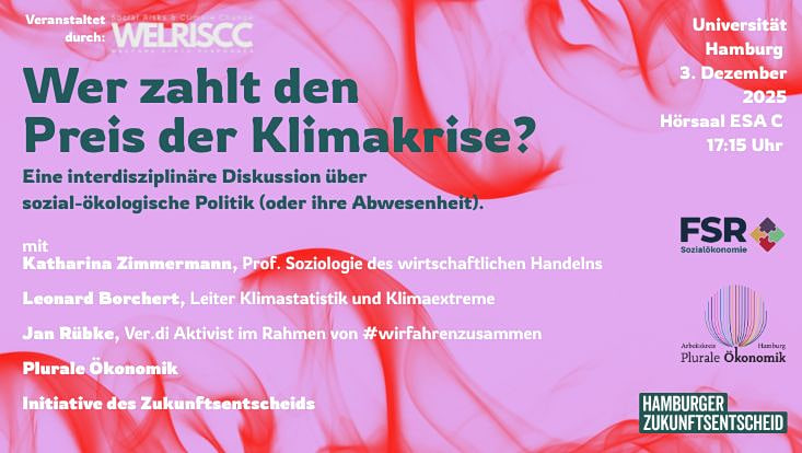 Lilanes Bild mit Rotem Rauch, links finden sich die Überschrift und die Sprecher:innen. Rechts finden sich die Logos der teilnehmenden Institutionen